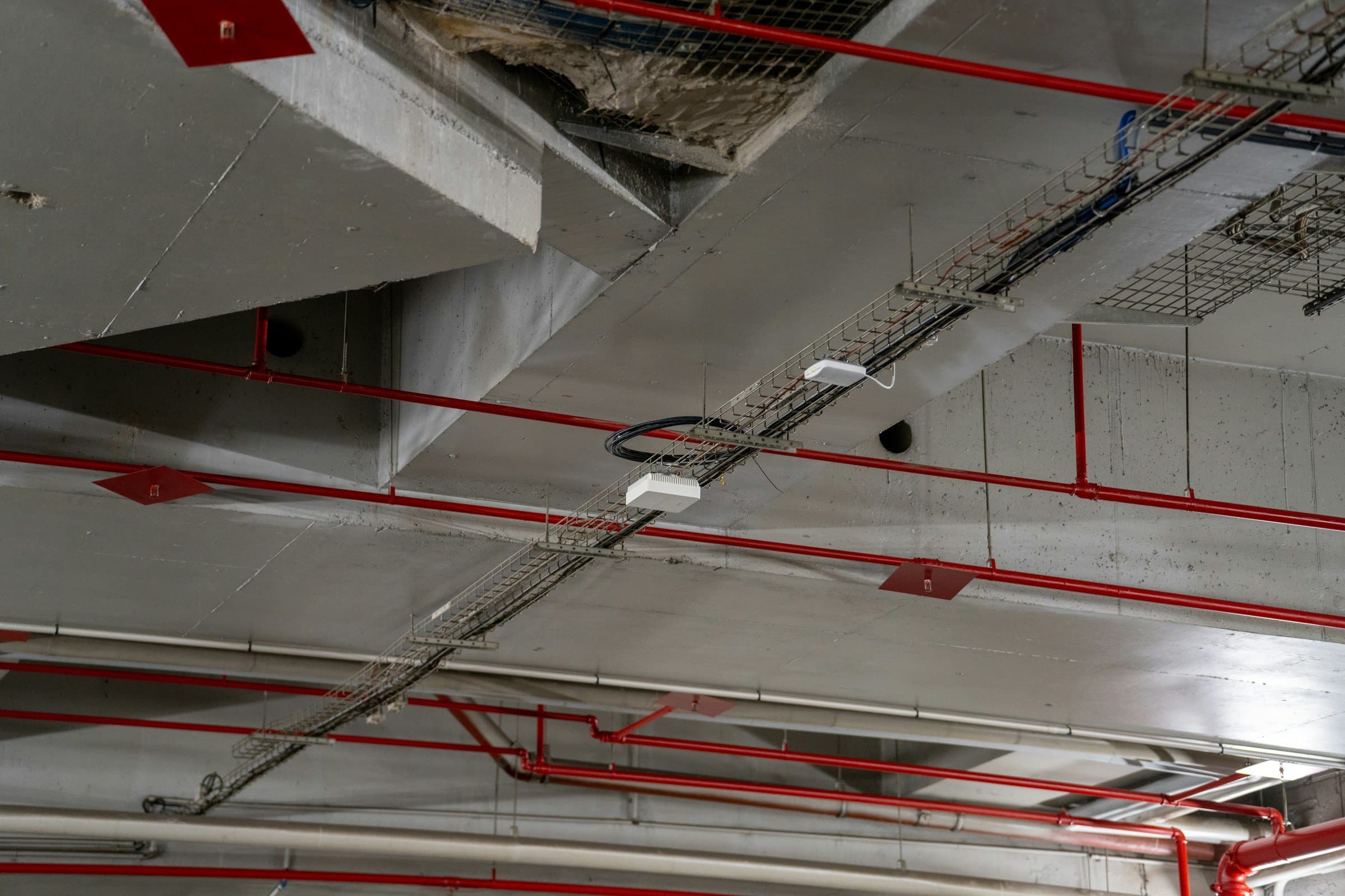 Red sprinkler mains and branch lines along the ceiling of a parking structure.